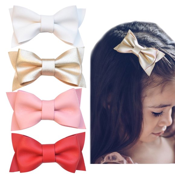 Non Slip Fully Lined Alligator Faux Leather Bow Hair Clips in Set of 4 (Deluxe) - Picture 1 of 5